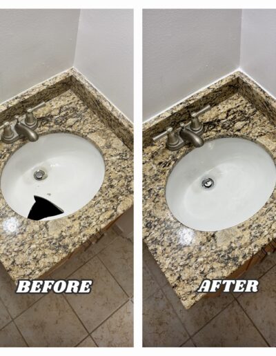 Before and after showing a shattered undermount bathroom sink replaced with a clean new porcelain basin in Wayne, PA.