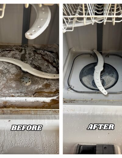 Before and after of a dishwasher interior showing heavy mineral buildup and grease completely cleaned to a shiny finish.