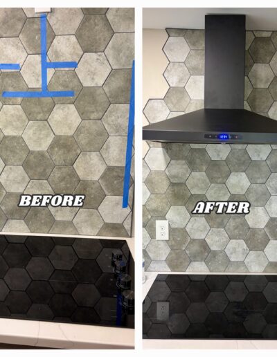 Before and after of a black modern range hood installed on a hexagon tile backsplash.
