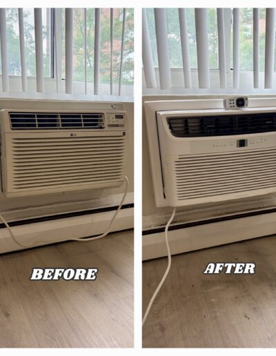 Before and after comparison of an old yellowed wall air conditioner replaced with a clean new Frigidaire unit.
