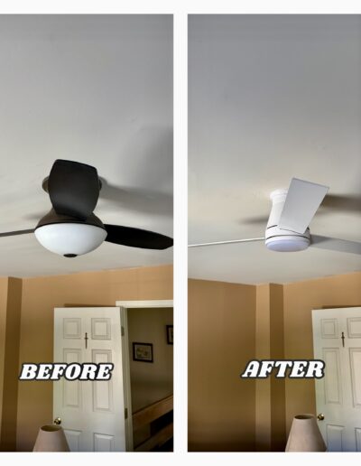 Before and after of an outdated dark ceiling fan replaced with a modern white LED ceiling fan in King of Prussia, PA.