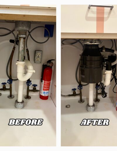 Under-sink plumbing view showing a professional garbage disposal unit replacement in Elkins Park, PA.