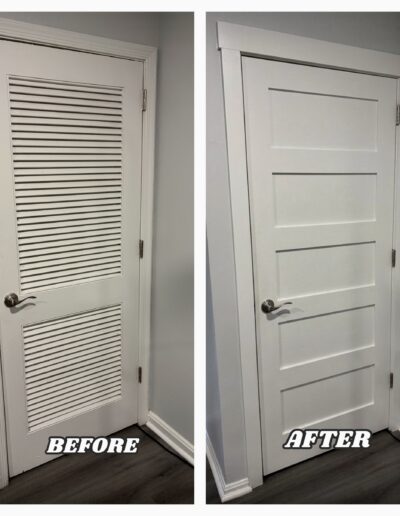 Before and after showing an old louvered closet door replaced with a modern 5-panel shaker door and craftsman casing in Hatboro, PA.