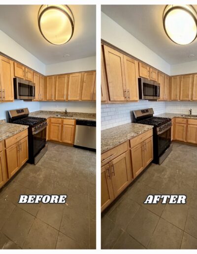 Before and after of a kitchen showing a newly installed white subway tile backsplash between oak cabinets and granite countertops in Huntingdon Valley, PA.