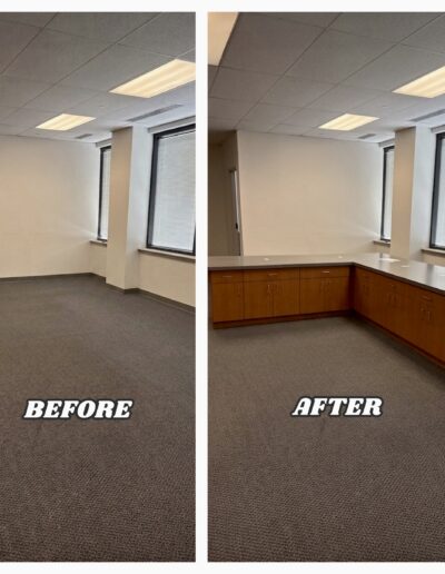 Before and after showing an empty office room fitted with a large L-shaped wooden storage cabinet and counter desk system in Lansdale, PA.