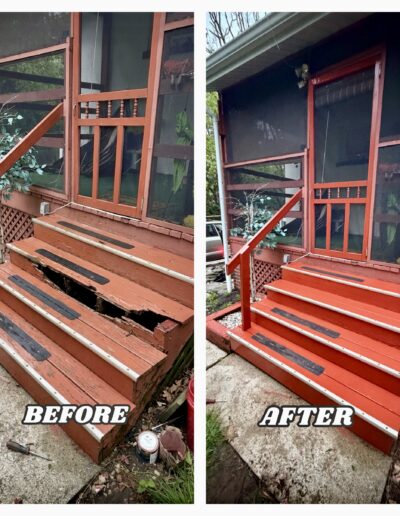 Before and after of rotted wooden porch steps repaired, structurally reinforced, and freshly painted red in Glenside, PA.
