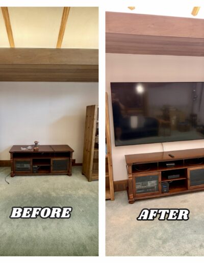 Before and after of a large flat screen television wall mounted securely above a wooden media console in Abington, PA.