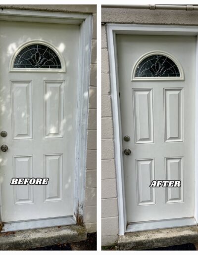 Before and after of a rotted exterior door jamb repaired at the bottom and fitted with low-maintenance white PVC brickmold trim and brick casing in Flourtown, PA.