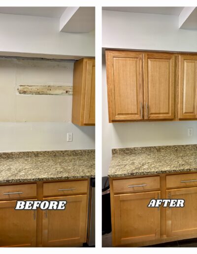 Before and after showing missing upper kitchen cabinets replaced with new oak wall cabinets in Ambler, PA.