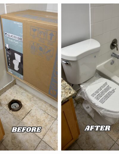 Before and after showing an open floor flange converted to a brand new installed toilet in Abington, PA.