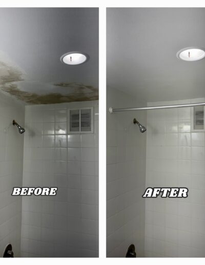 Before and after showing a water-stained bathroom ceiling repaired, primed, and repainted in Jenkintown, PA.