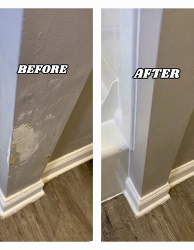Before and after of a damaged bathroom wall corner patched, smoothed, and painted in Plymouth Meeting, PA.