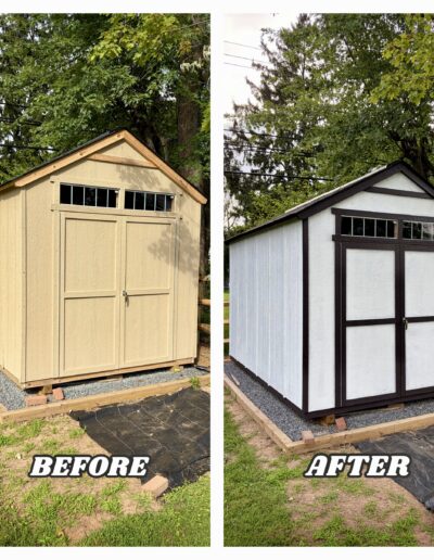 Before and after showing a plain tan outdoor shed painted crisp white with dark brown accent trim in Audubon, PA.